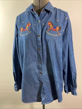 Cabin Creek Blue Denim Button-Down Shirt with Embroidered Horses Women Size Larg